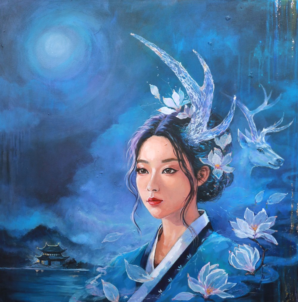 남빛 달밤, 물가 누각을 배경으로 한복을 입은 여인과 흰 사슴, 흰 목련이 어우러진 그림